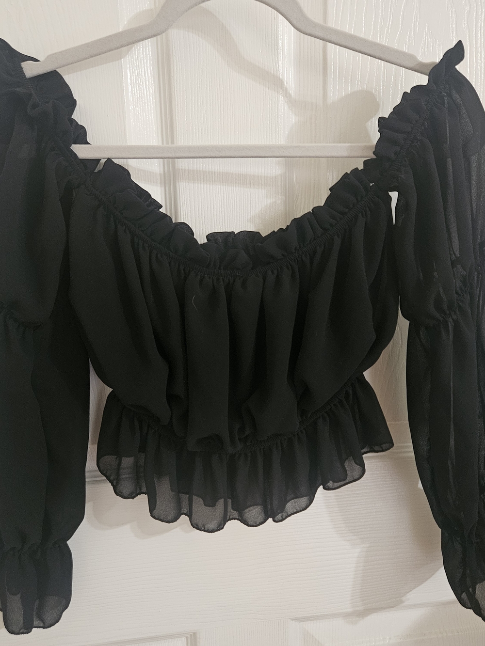 PrettyLittleThing Black Off Shoulder Ruffle Blouse